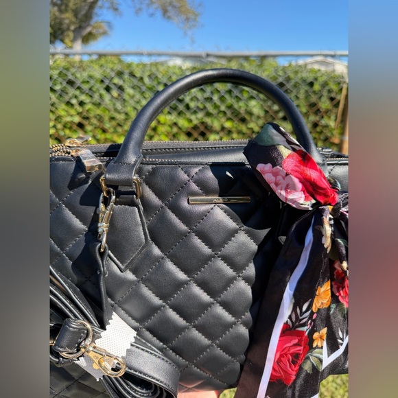 ALDO Black Quilted Shoulder Bag with Floral Scarf - Picture 4 of 14